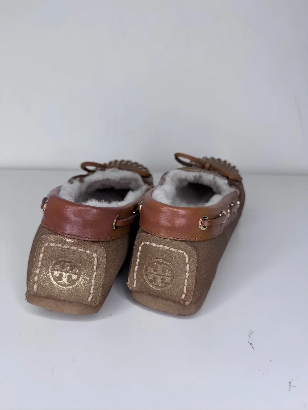 Tory Burch Metallic Gold Faux-Fur Lined Moccasins Flats 7